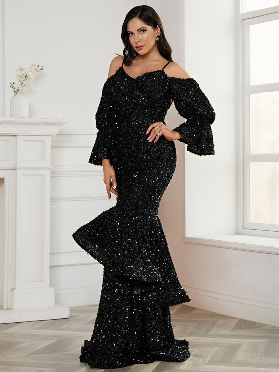 Rory Prom Dress Ruffled Sequin Mermaid Gown 7407621TKR-Black Cinderell –  PromDiva
